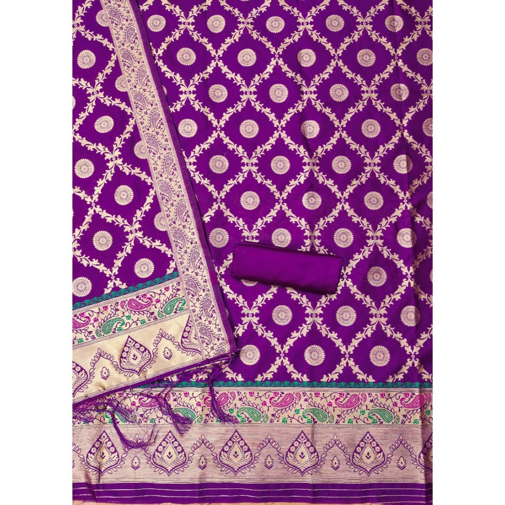 Generic Women's Banarasi Silk Printed Unstitched Salwar Suit Material With Dupatta (Purple, 3Mtrs)