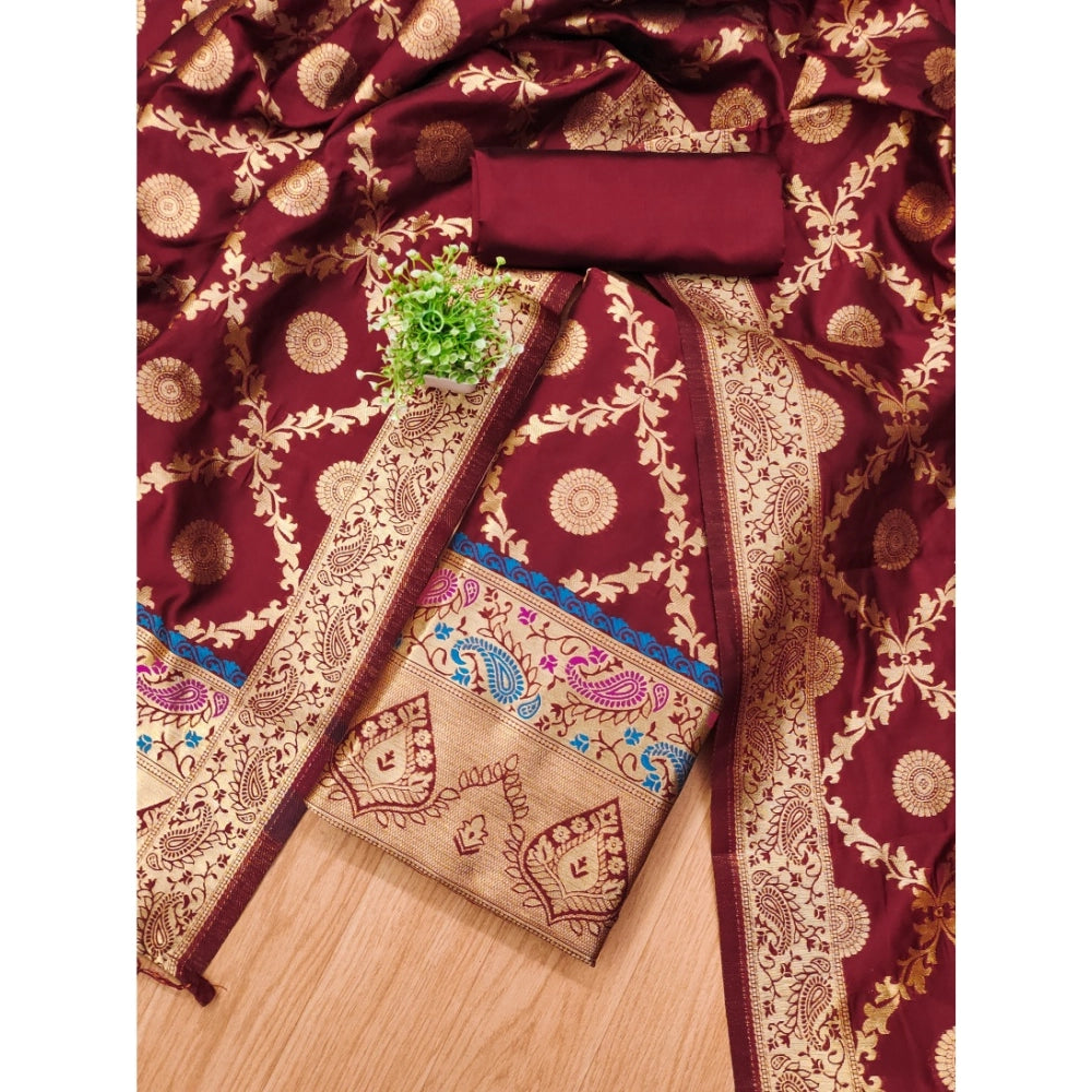 Generic Women's Banarasi Silk Printed Unstitched Salwar Suit Material With Dupatta (Maroon, 3Mtrs)