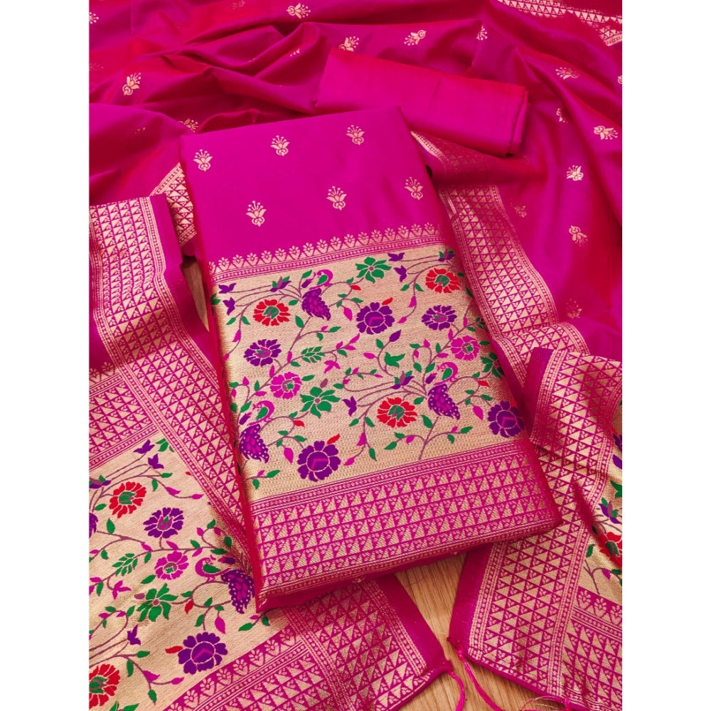 Generic Women's Banarasi Silk Printed Unstitched Salwar Suit Material With Dupatta (Pink, 3Mtrs)
