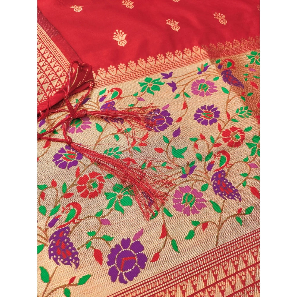Generic Women's Banarasi Silk Printed Unstitched Salwar Suit Material With Dupatta (Red, 3Mtrs)