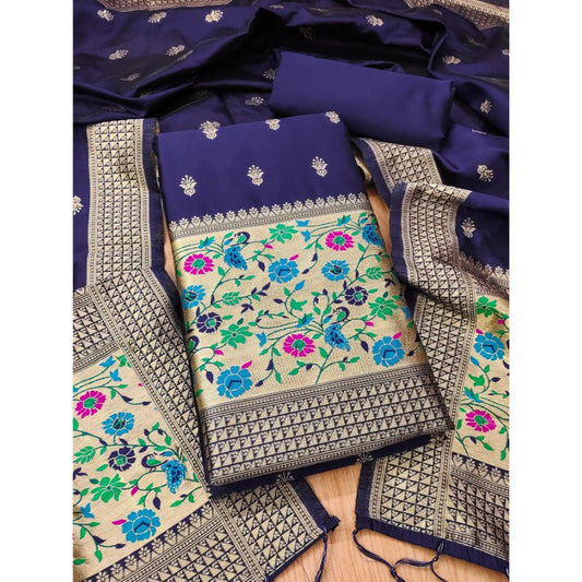 Generic Women's Banarasi Silk Printed Unstitched Salwar Suit Material With Dupatta (Navy Blue, 3Mtrs)