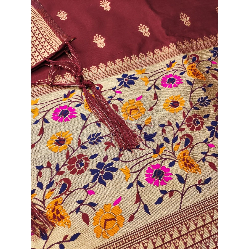 Generic Women's Banarasi Silk Printed Unstitched Salwar Suit Material With Dupatta (Maroon, 3Mtrs)