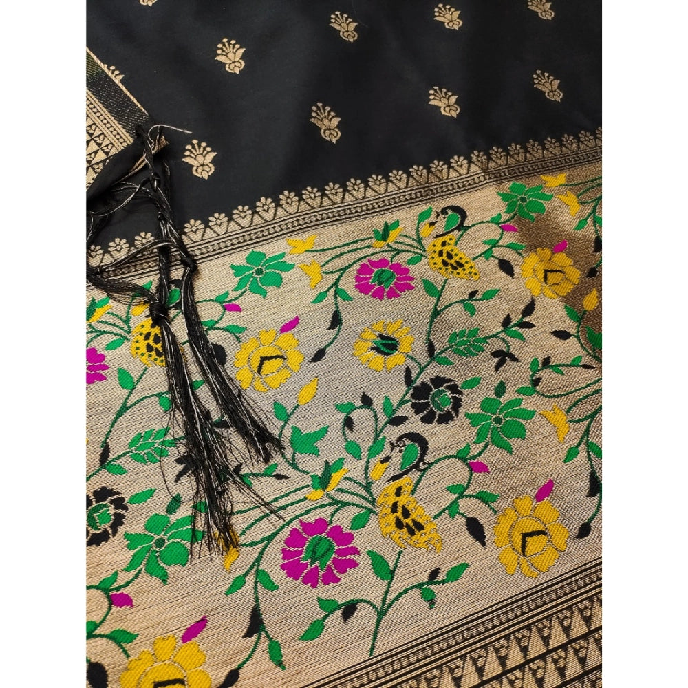 Generic Women's Banarasi Silk Printed Unstitched Salwar Suit Material With Dupatta (Black, 3Mtrs)