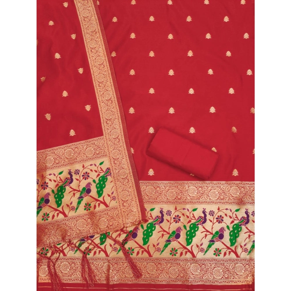 Generic Women's Banarasi Silk Printed Unstitched Salwar Suit Material With Dupatta (Red, 3Mtrs)