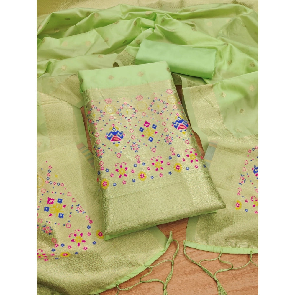 Generic Women's Banarasi Silk Printed Unstitched Salwar Suit Material With Dupatta (Pista, 3Mtrs)