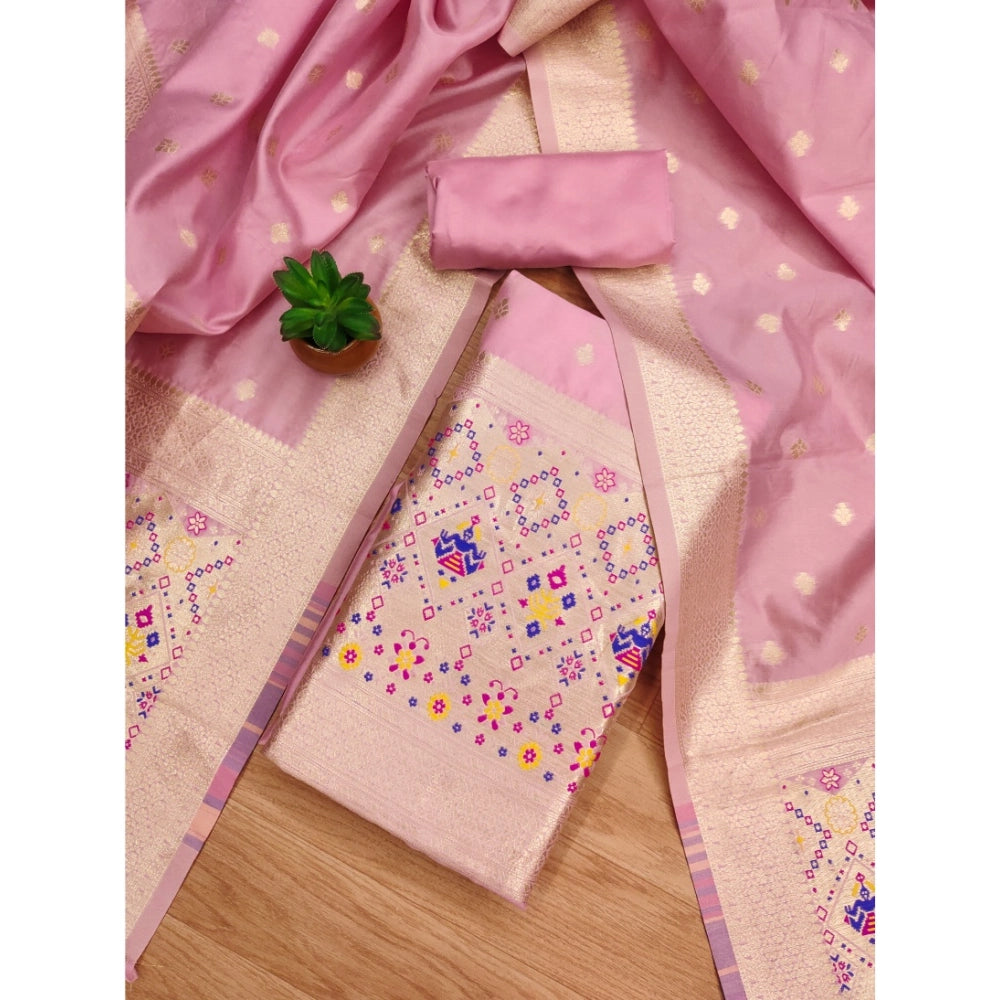 Generic Women's Banarasi Silk Printed Unstitched Salwar Suit Material With Dupatta (Light Pink, 3Mtrs)