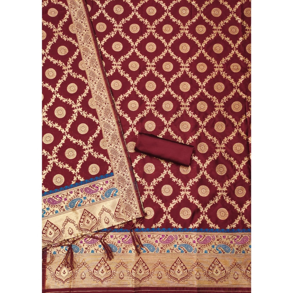 Generic Women's Banarasi Silk Printed Unstitched Salwar Suit Material With Dupatta (Maroon, 3Mtrs)