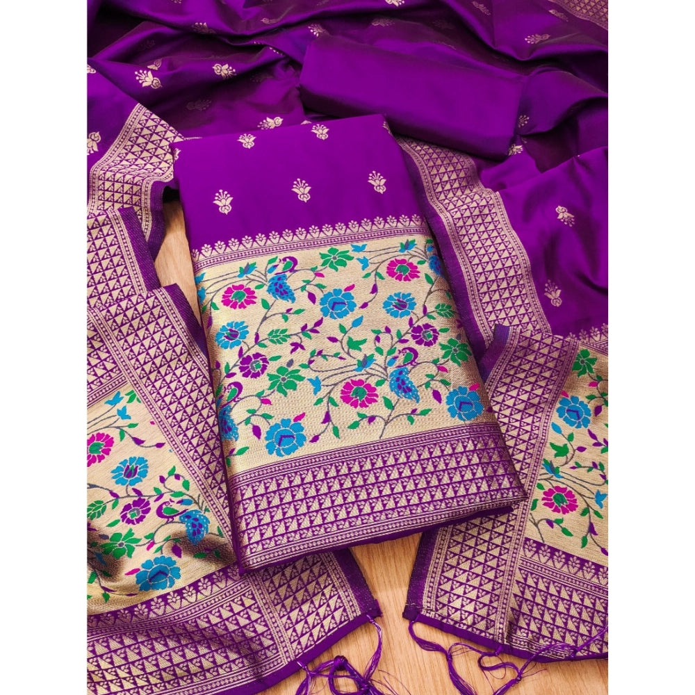 Generic Women's Banarasi Silk Printed Unstitched Salwar Suit Material With Dupatta (Purple, 3Mtrs)