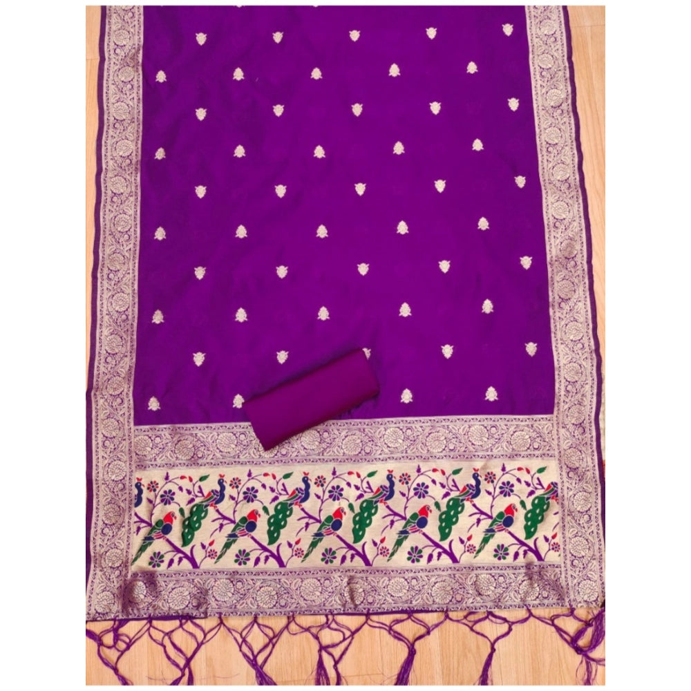 Generic Women's Banarasi Silk Printed Unstitched Salwar Suit Material With Dupatta (Purple, 3Mtrs)