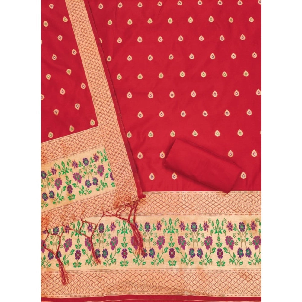 Generic Women's Banarasi Silk Printed Unstitched Salwar Suit Material With Dupatta (Red, 3Mtrs)
