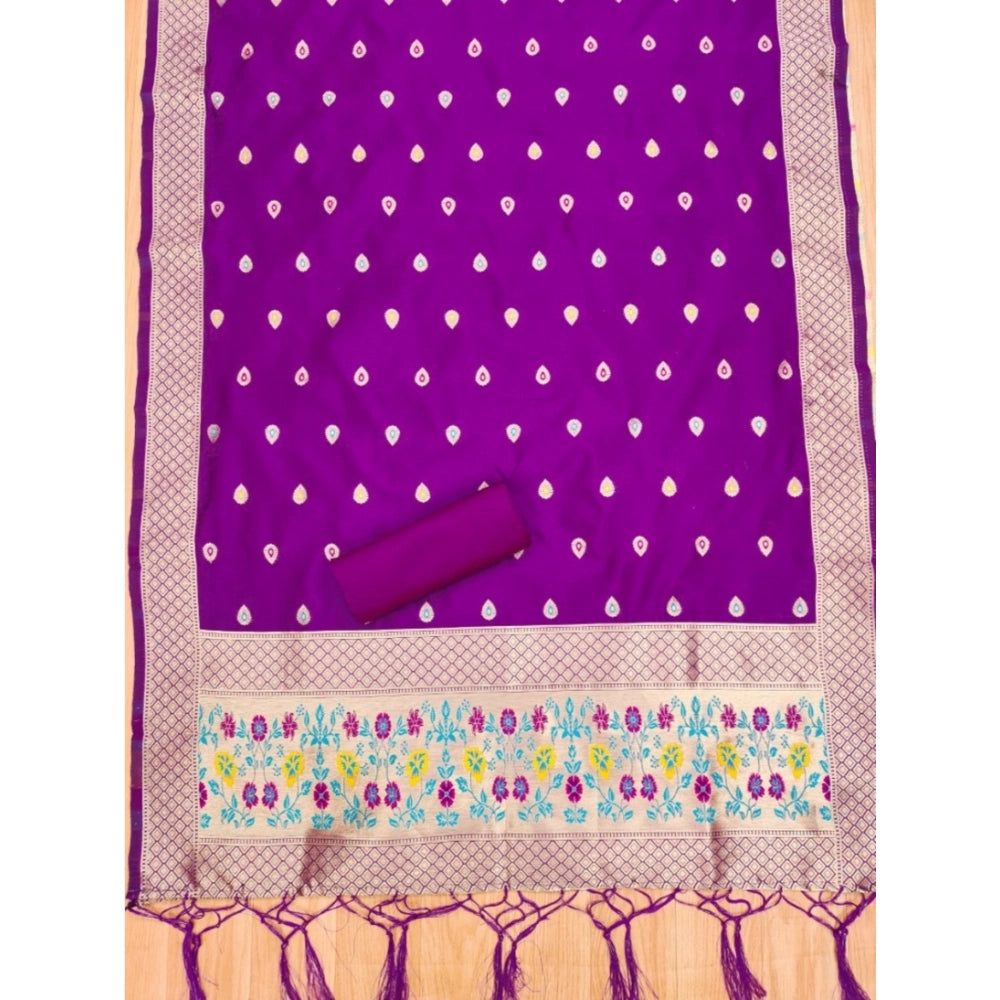 Generic Women's Banarasi Silk Printed Unstitched Salwar Suit Material With Dupatta (Purple, 3Mtrs)