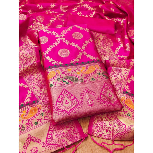Generic Women's Banarasi Silk Printed Unstitched Salwar Suit Material With Dupatta (Pink, 3Mtrs)