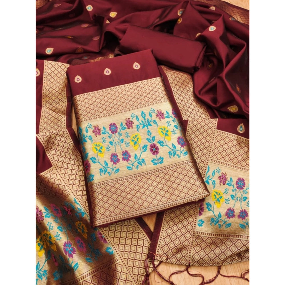 Generic Women's Banarasi Silk Printed Unstitched Salwar Suit Material With Dupatta (Maroon, 3Mtrs)