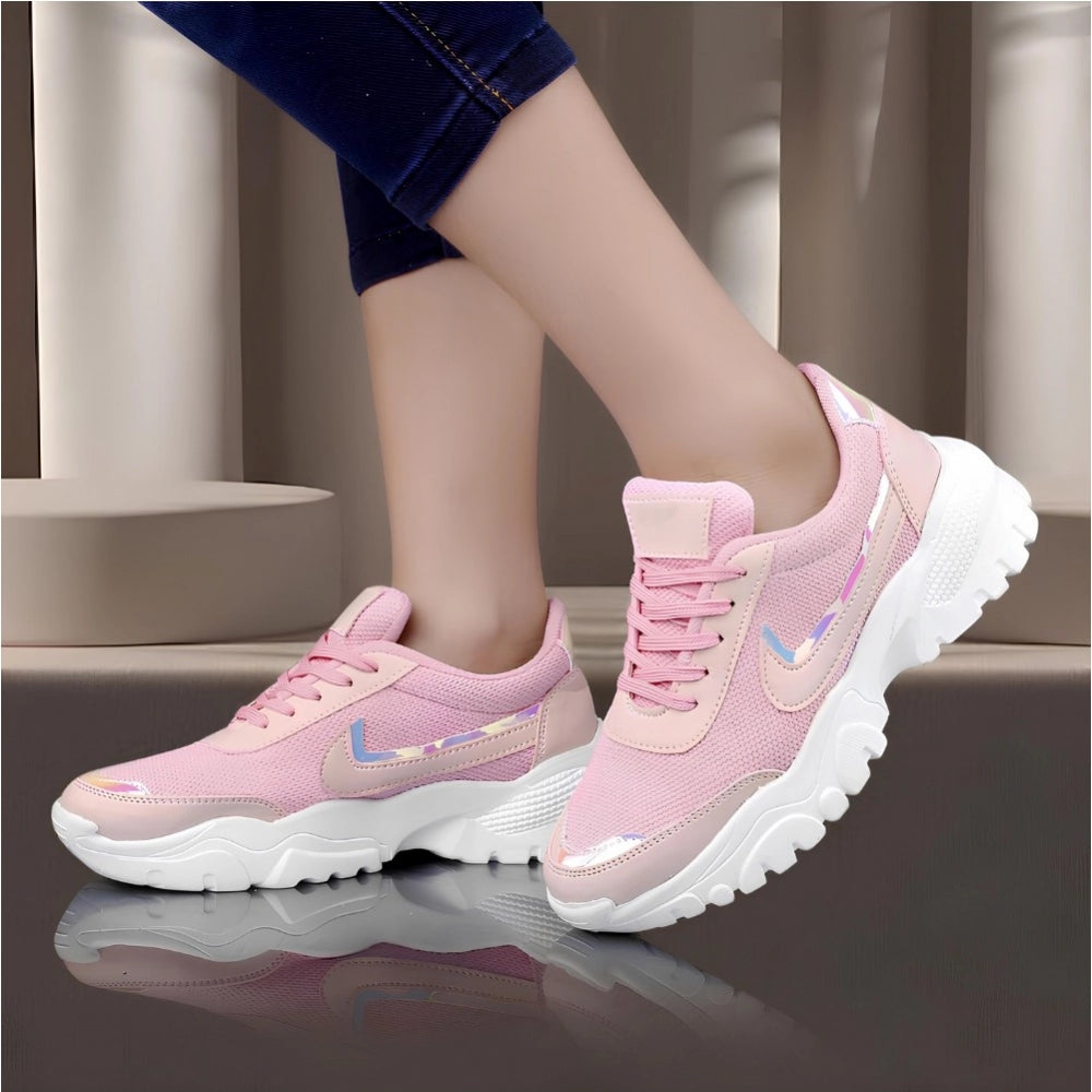 Women's Pink Mesh Print Lace-Up Shoes