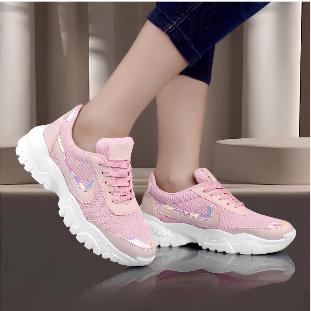 Women's Pink Mesh Print Lace-Up Shoes