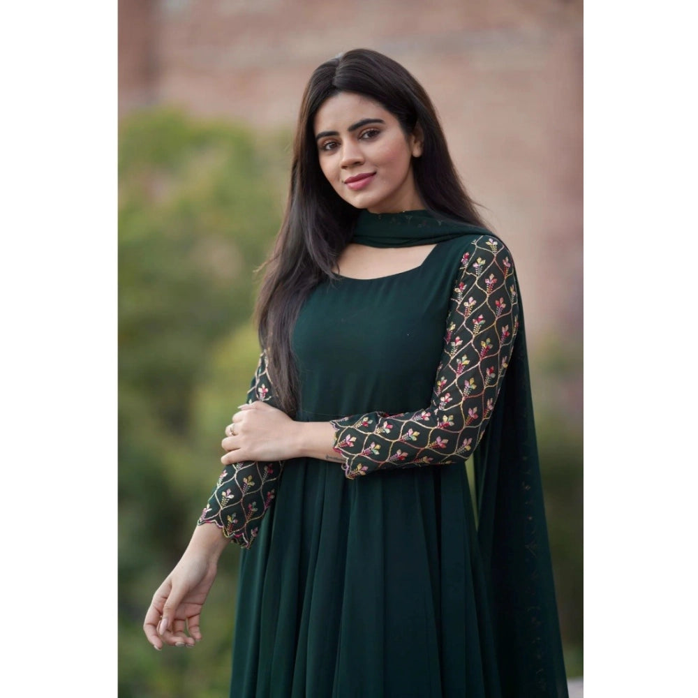 Generic Women's Georgette Embroidered 3/4th Sleeve Round Neck Kurti With Dupatta Set (Green)