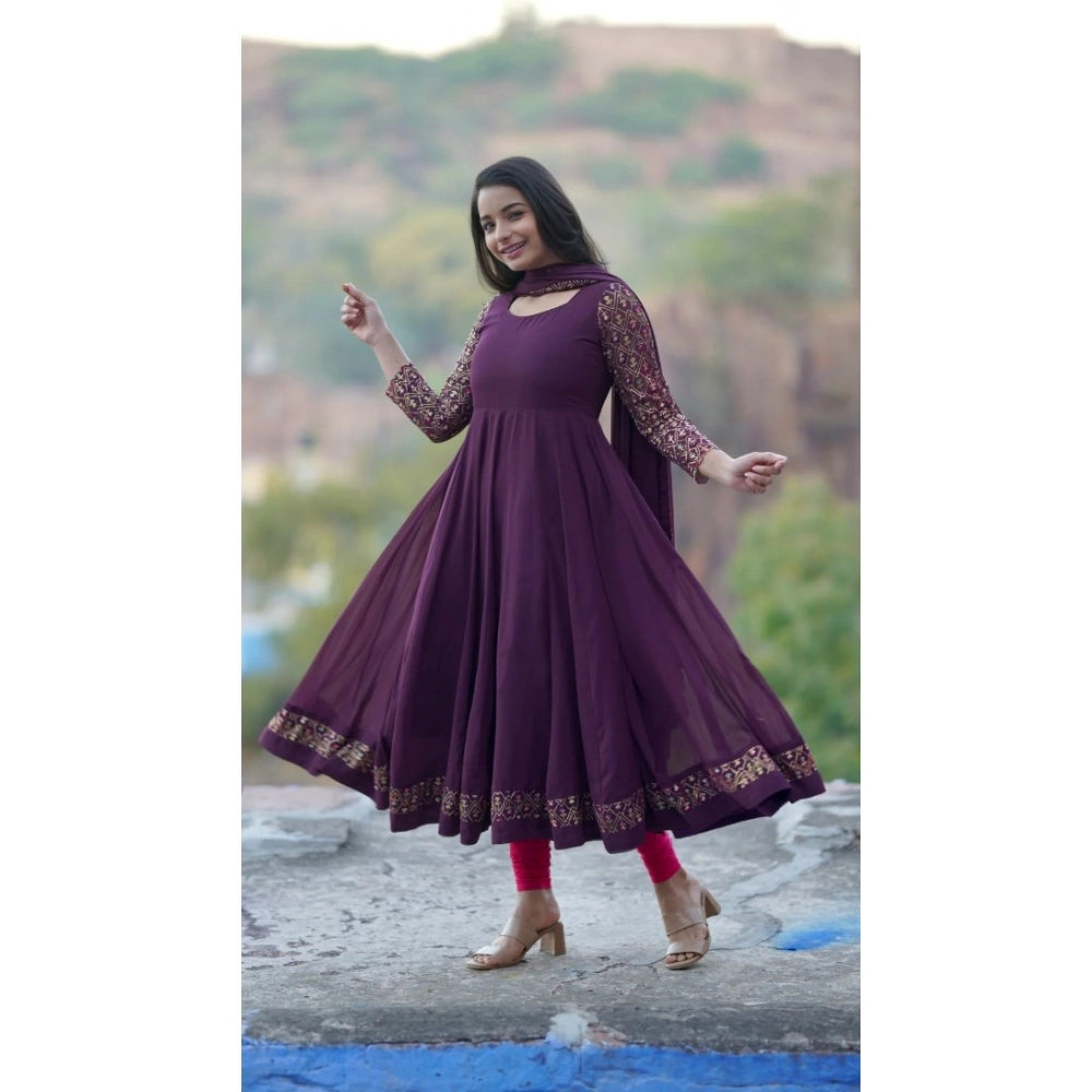 Generic Women's Georgette Embroidered 3/4th Sleeve Round Neck Kurti With Dupatta Set (Wine)