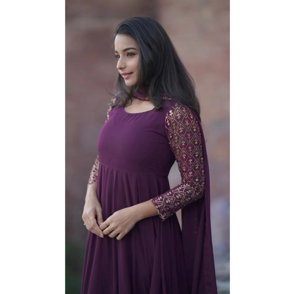Generic Women's Georgette Embroidered 3/4th Sleeve Round Neck Kurti With Dupatta Set (Wine)