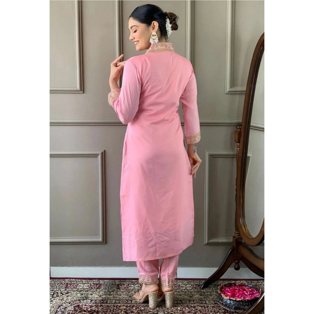 Generic Women's Roman Silk Embroidered 3/4th Sleeve V-Neck Kurti With Pant Dupatta Set (Pink)