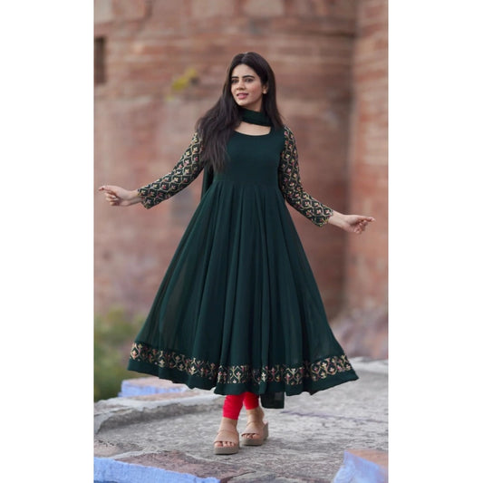 Generic Women's Georgette Embroidered 3/4th Sleeve Round Neck Kurti With Dupatta Set (Green)