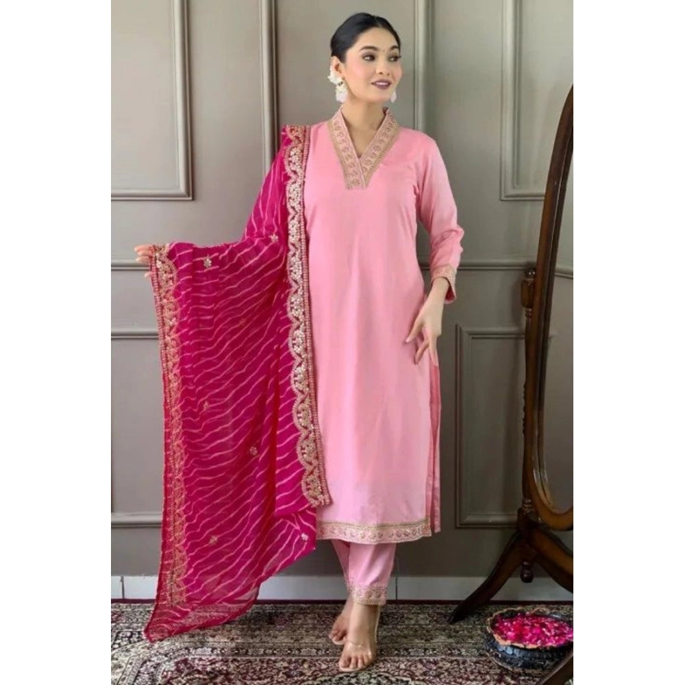 Generic Women's Roman Silk Embroidered 3/4th Sleeve V-Neck Kurti With Pant Dupatta Set (Pink)