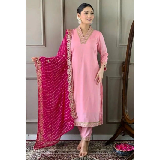 Generic Women's Roman Silk Embroidered 3/4th Sleeve V-Neck Kurti With Pant Dupatta Set (Pink)