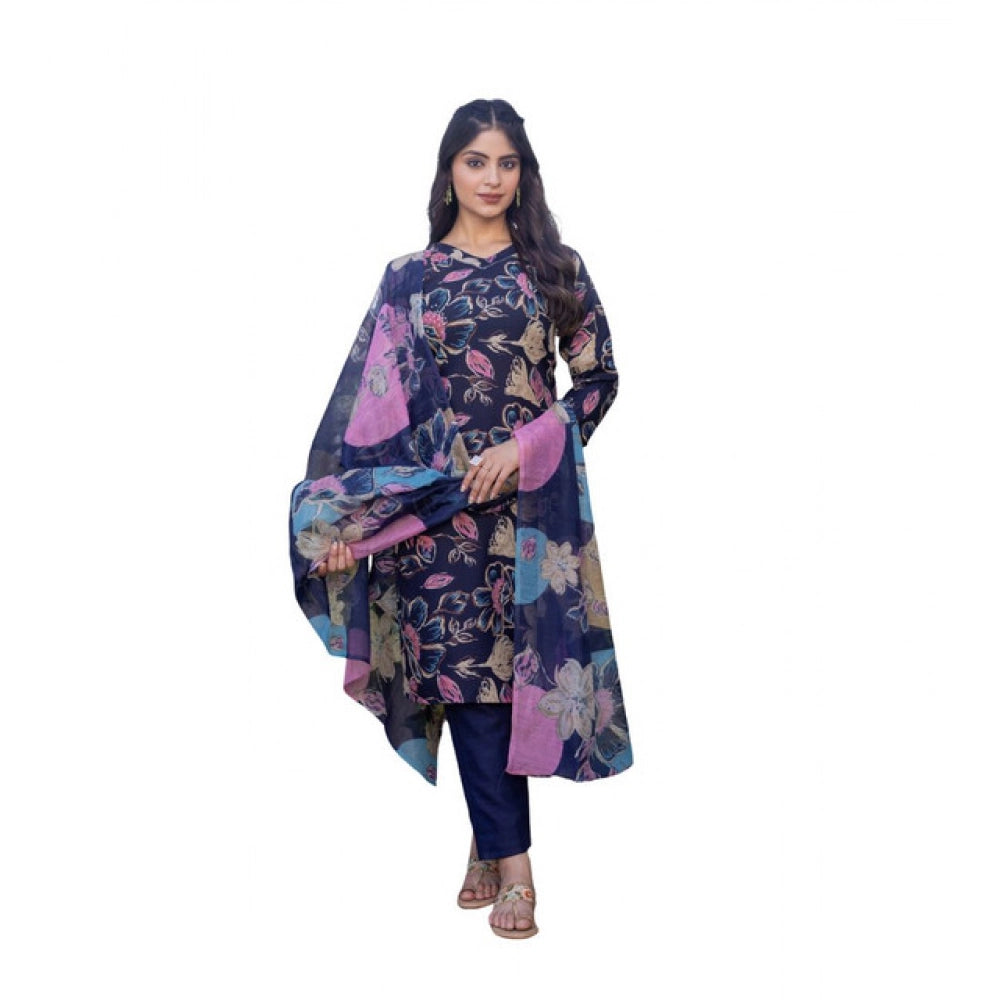 Generic Women's Cotton Blend Printed Kurti With Pant Dupatta Set (Navy Blue)