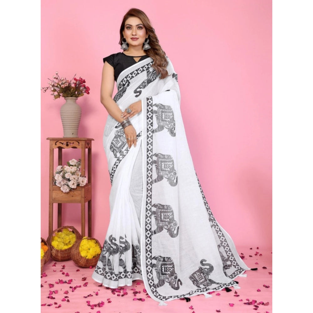 Women's White Linen Cotton Printed Saree With Unstitched Blouse – 5.5 Mtr