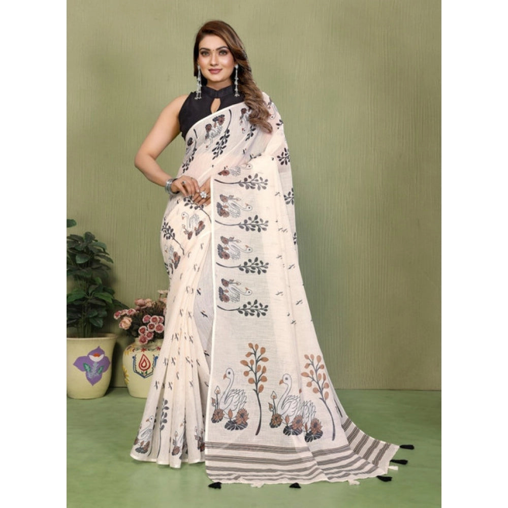 Women's Off White Linen Cotton Printed Saree With Unstitched Blouse – 5.5 Mtr