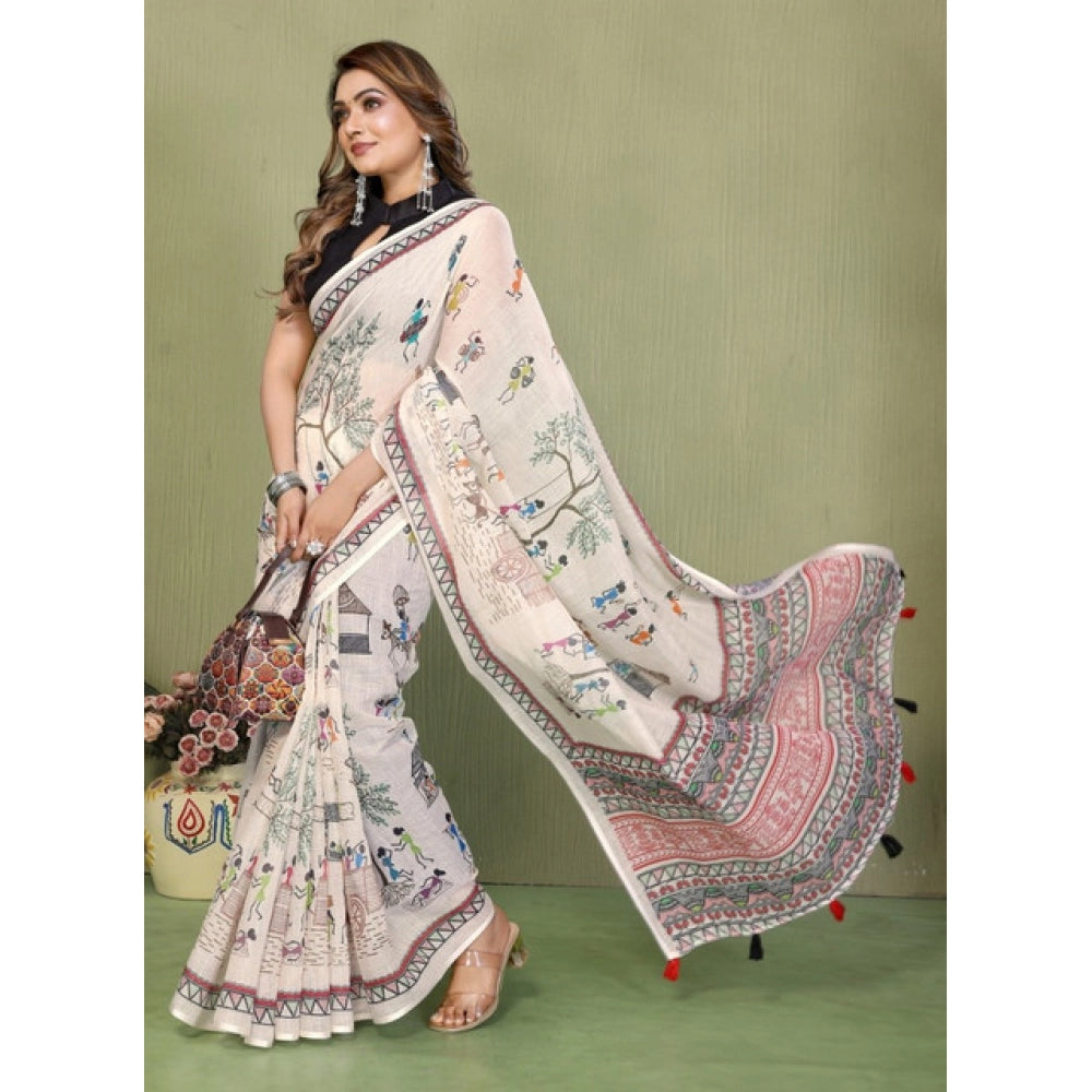 Women's Off White Linen Cotton Printed Saree With Unstitched Blouse – 5.5 Mtr