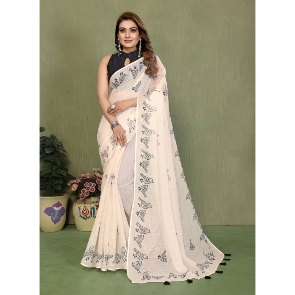 Women's Off White Linen Cotton Printed Saree With Unstitched Blouse – 5.5 Mtr