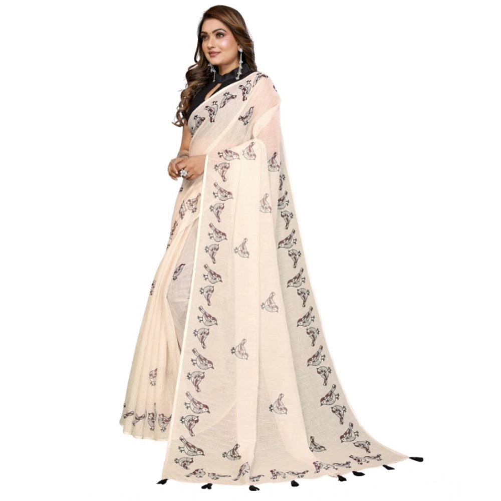 Women's Off White Linen Cotton Printed Saree With Unstitched Blouse – 5.5 Mtr