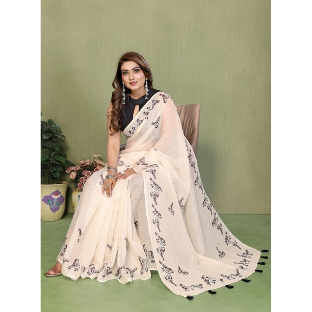 Women's Off White Linen Cotton Printed Saree With Unstitched Blouse – 5.5 Mtr