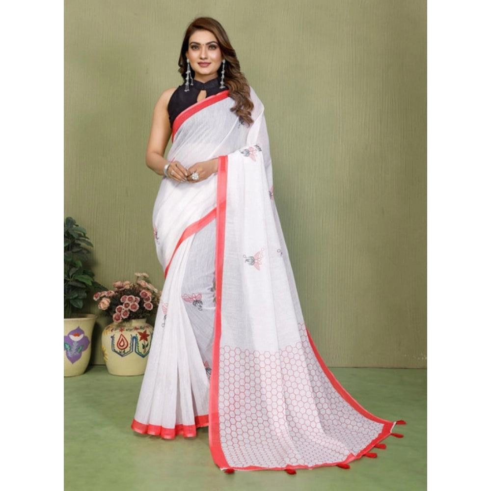Women's White Linen Cotton Printed Saree With Unstitched Blouse – 5.5 Mtr