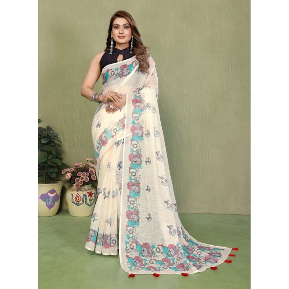 Women's Off White Linen Cotton Printed Saree With Unstitched Blouse – 5.5 Mtr