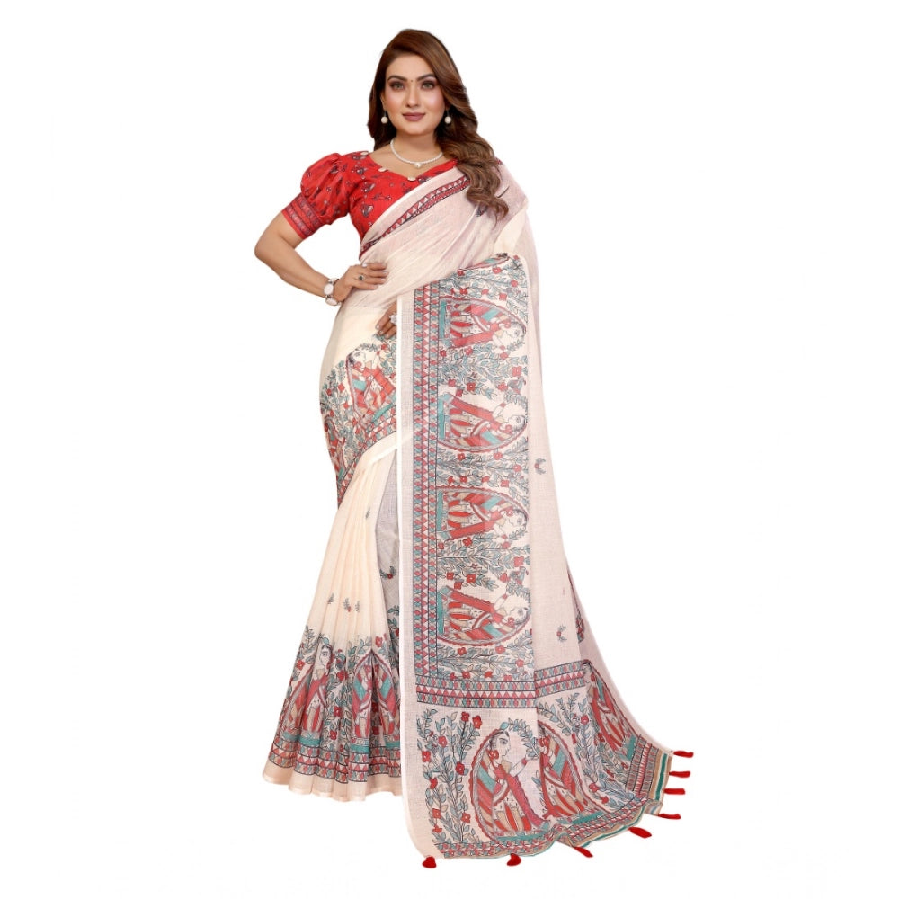 Women's Off White Linen Cotton Printed Saree With Unstitched Blouse – 5.5 Mtr