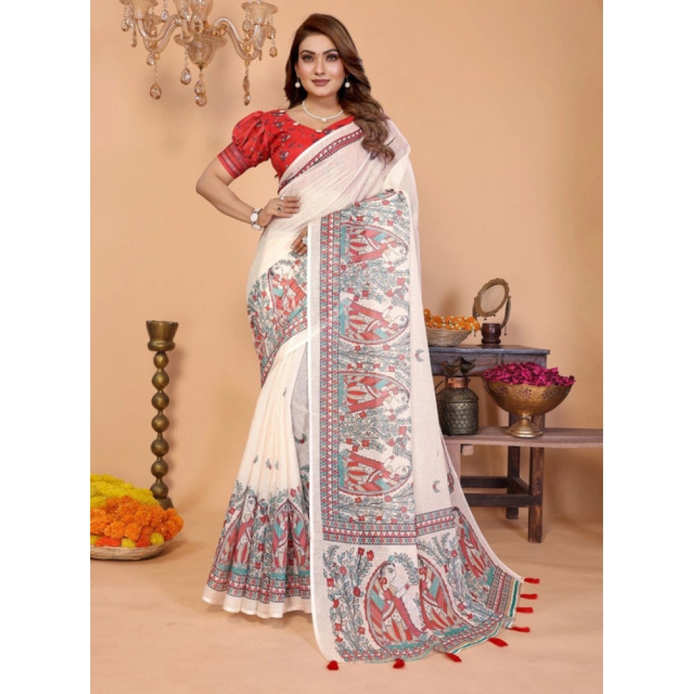 Women's Off White Linen Cotton Printed Saree With Unstitched Blouse – 5.5 Mtr