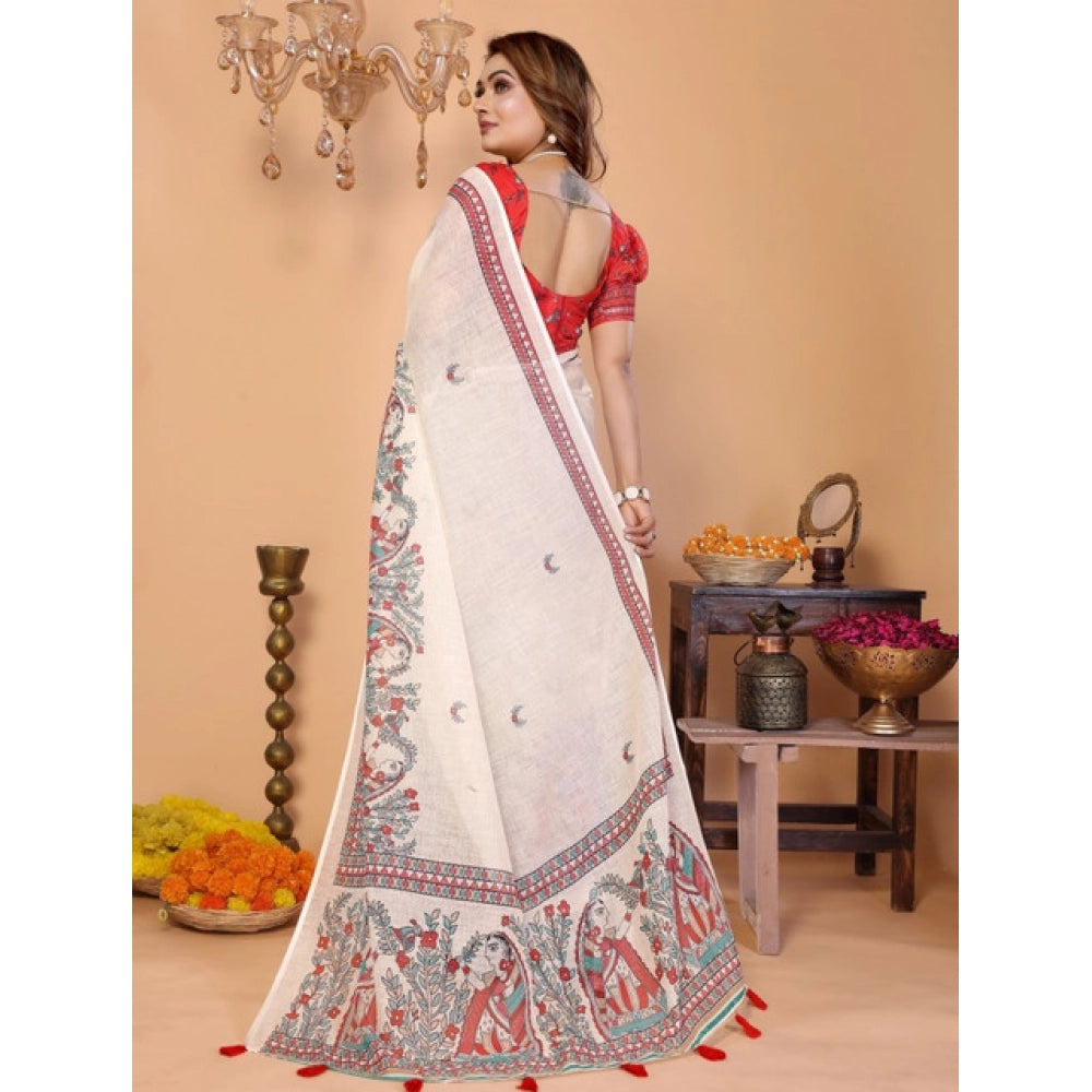 Women's Off White Linen Cotton Printed Saree With Unstitched Blouse – 5.5 Mtr