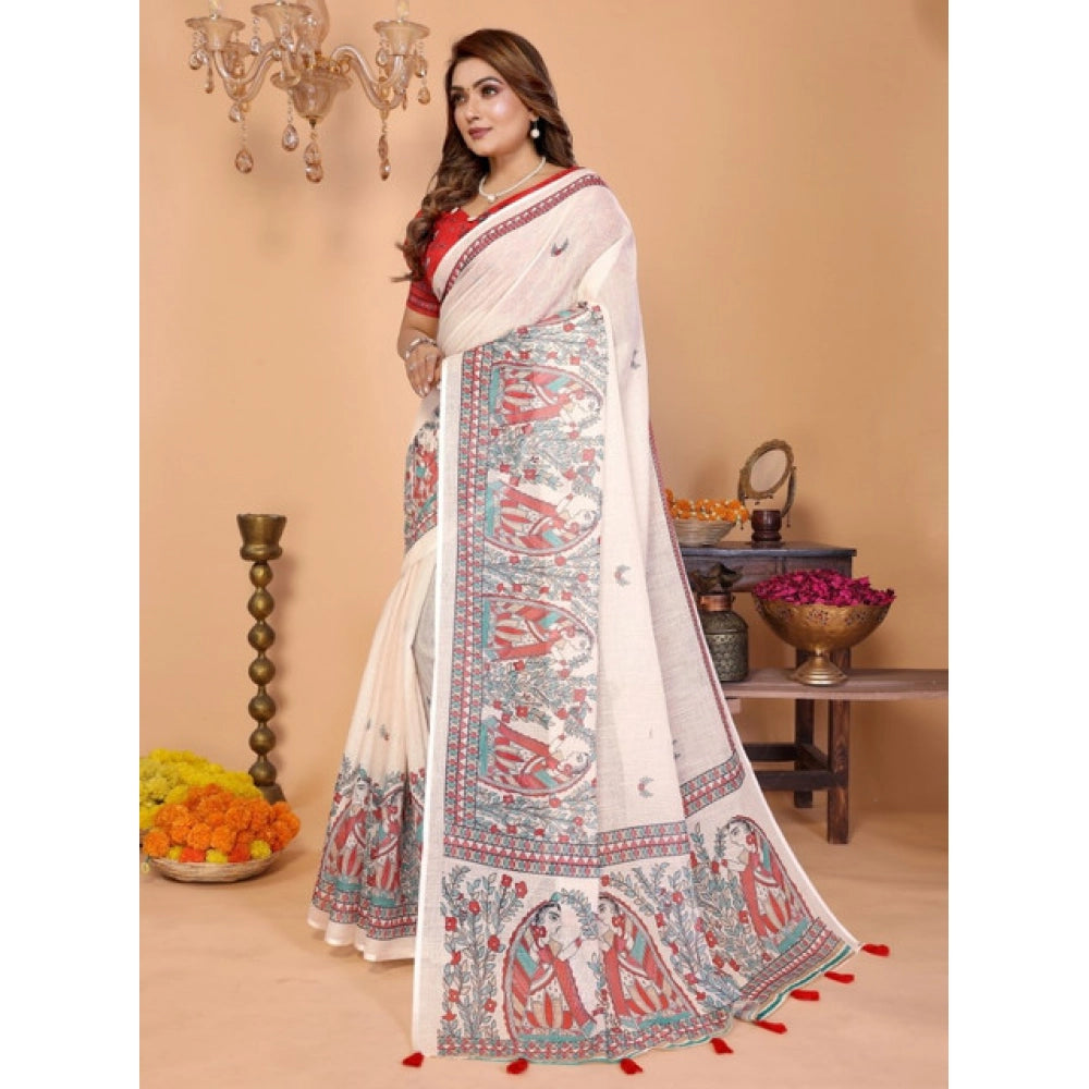 Women's Off White Linen Cotton Printed Saree With Unstitched Blouse – 5.5 Mtr