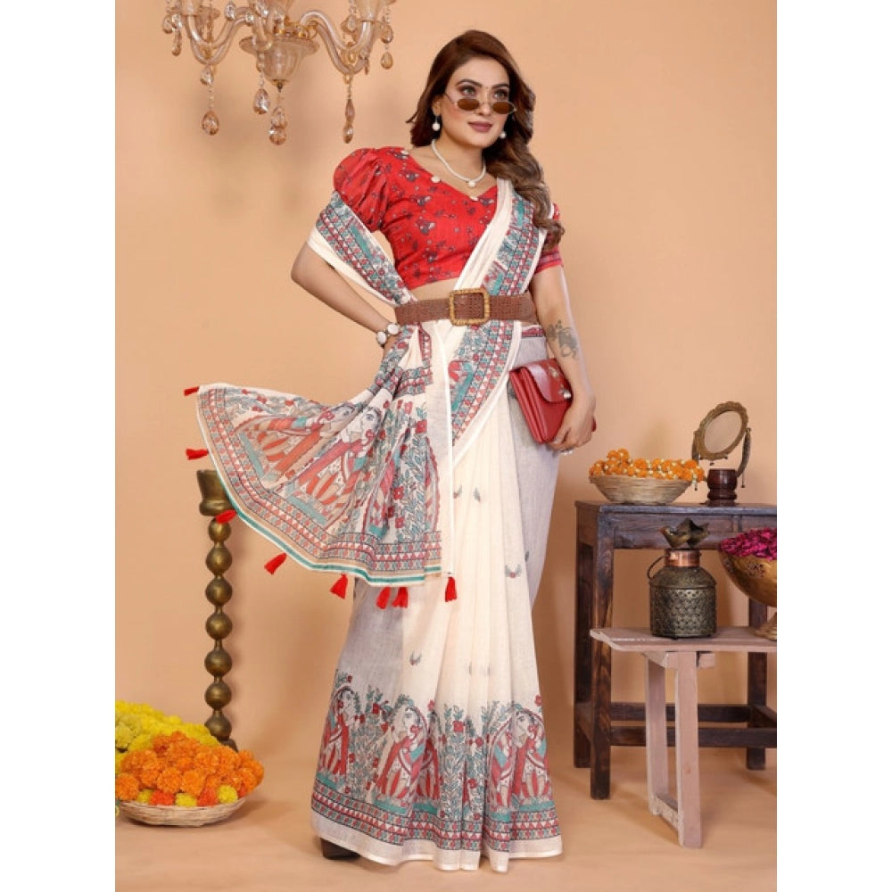 Women's Off White Linen Cotton Printed Saree With Unstitched Blouse – 5.5 Mtr