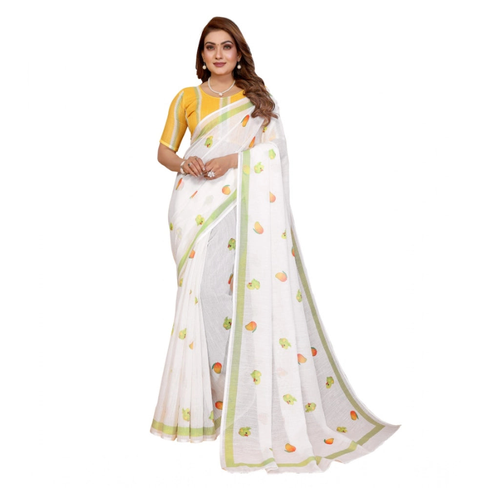 Women's White Linen Cotton Printed Saree With Unstitched Blouse – 5.5 Mtr