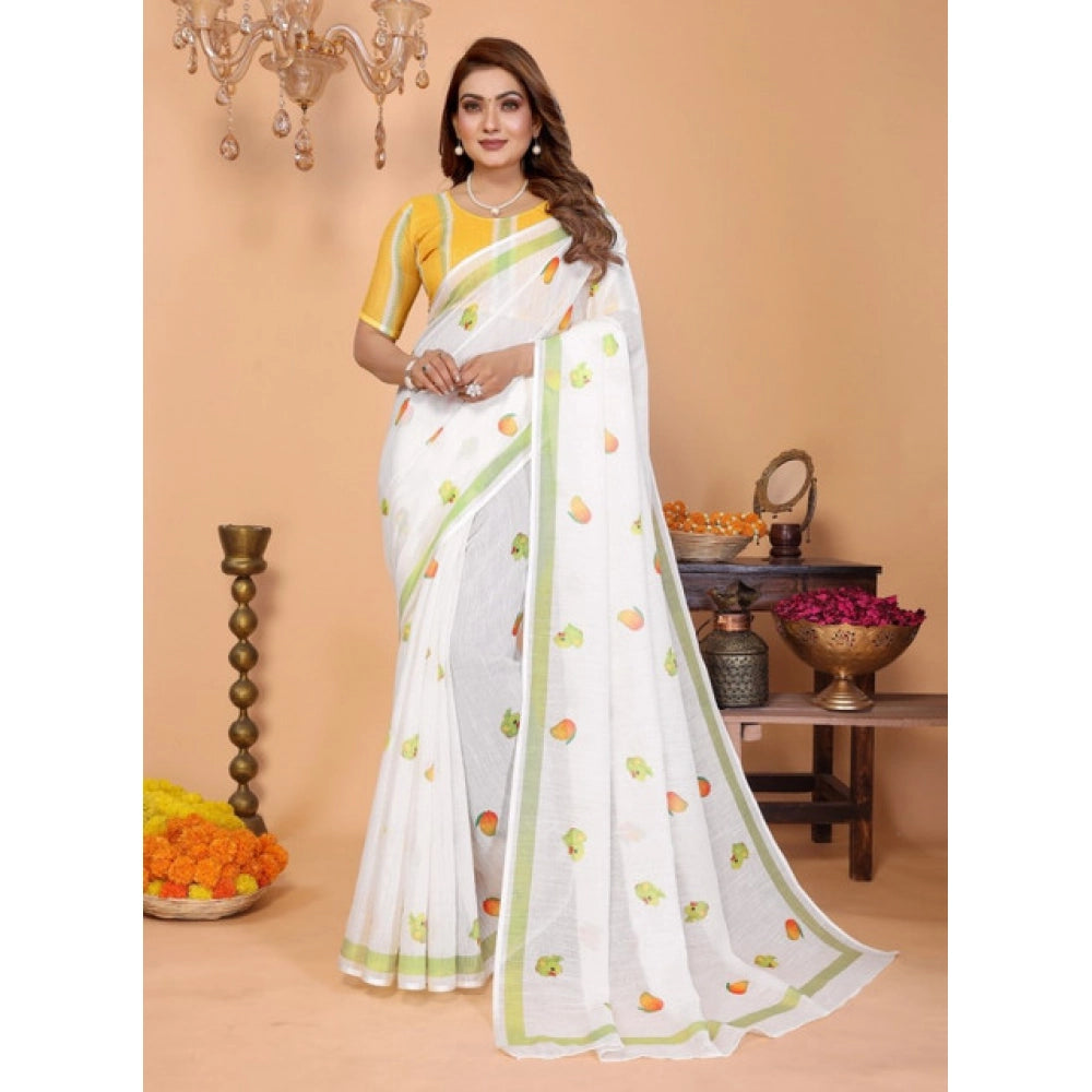 Women's White Linen Cotton Printed Saree With Unstitched Blouse – 5.5 Mtr