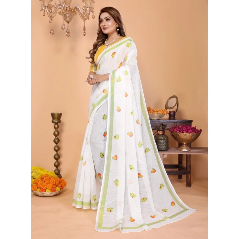 Women's White Linen Cotton Printed Saree With Unstitched Blouse – 5.5 Mtr