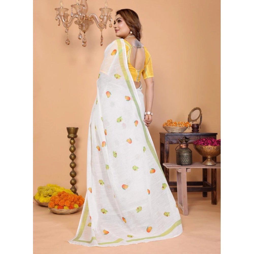 Women's White Linen Cotton Printed Saree With Unstitched Blouse – 5.5 Mtr