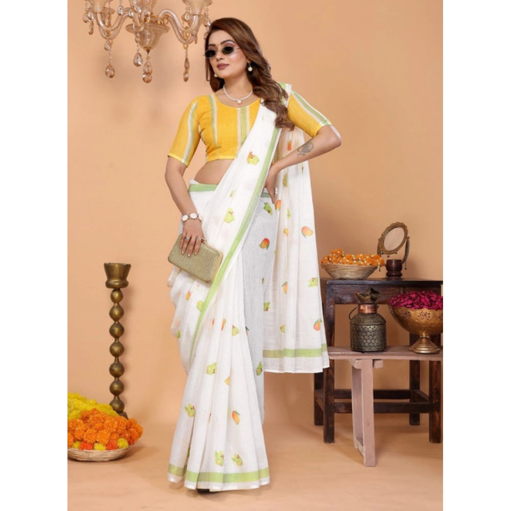 Women's White Linen Cotton Printed Saree With Unstitched Blouse – 5.5 Mtr