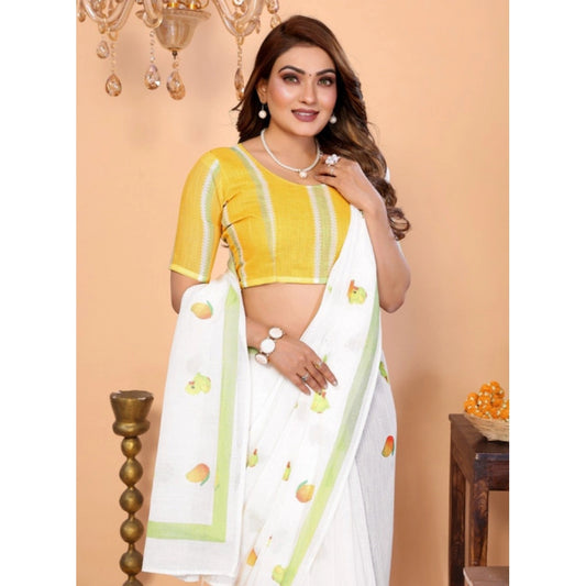 Women's White Linen Cotton Printed Saree With Unstitched Blouse – 5.5 Mtr