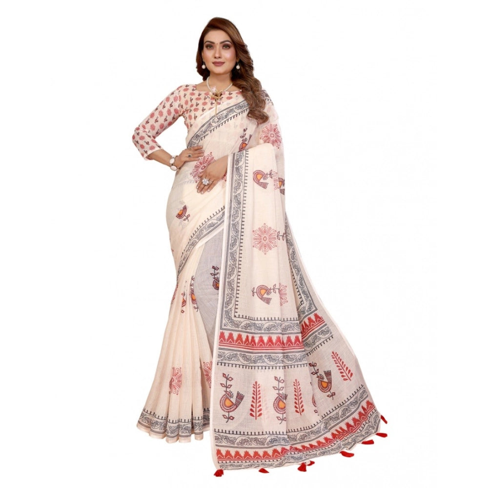 Women's Off White Linen Cotton Printed Saree With Unstitched Blouse – 5.5 Mtr