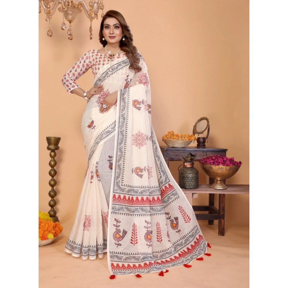 Women's Off White Linen Cotton Printed Saree With Unstitched Blouse – 5.5 Mtr