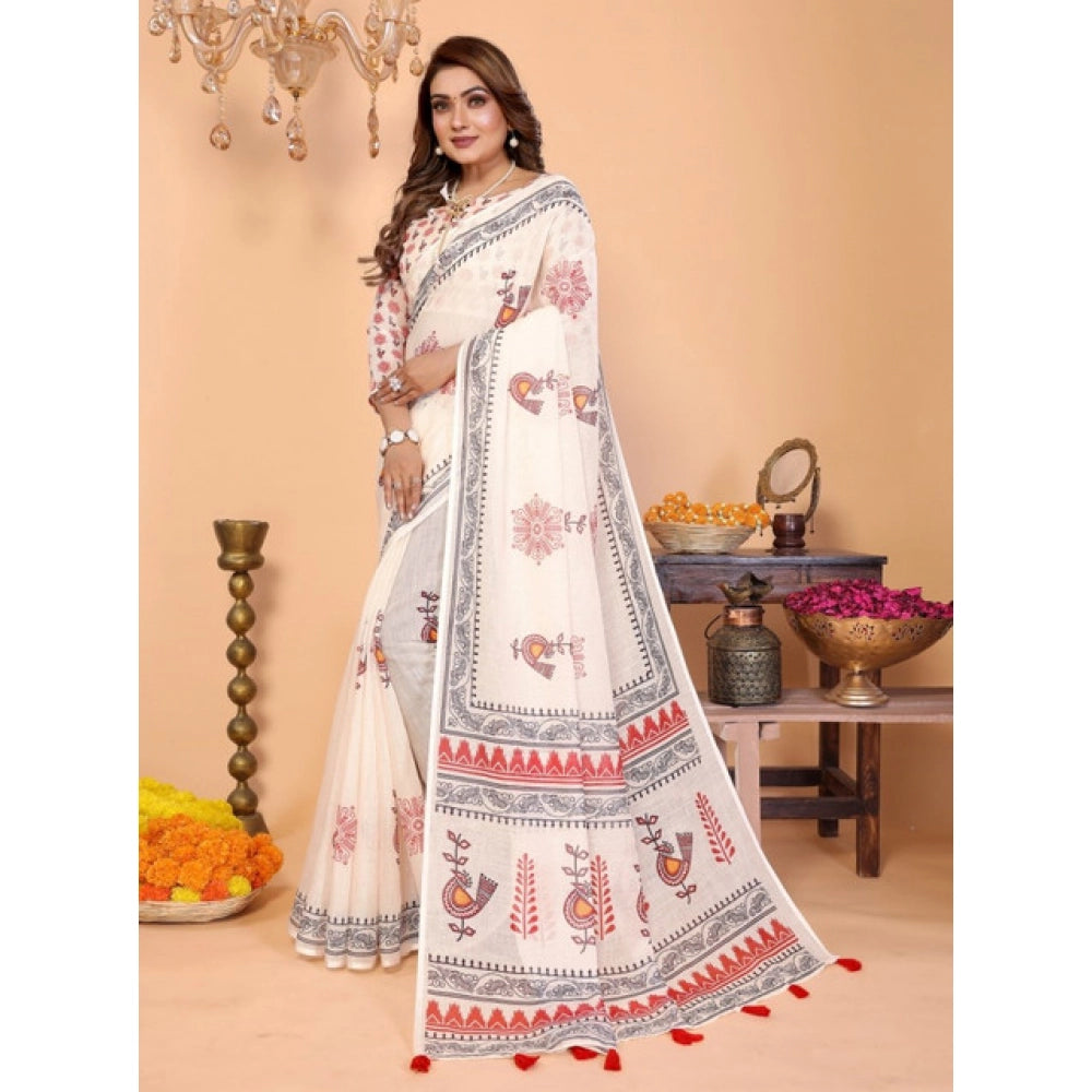 Women's Off White Linen Cotton Printed Saree With Unstitched Blouse – 5.5 Mtr