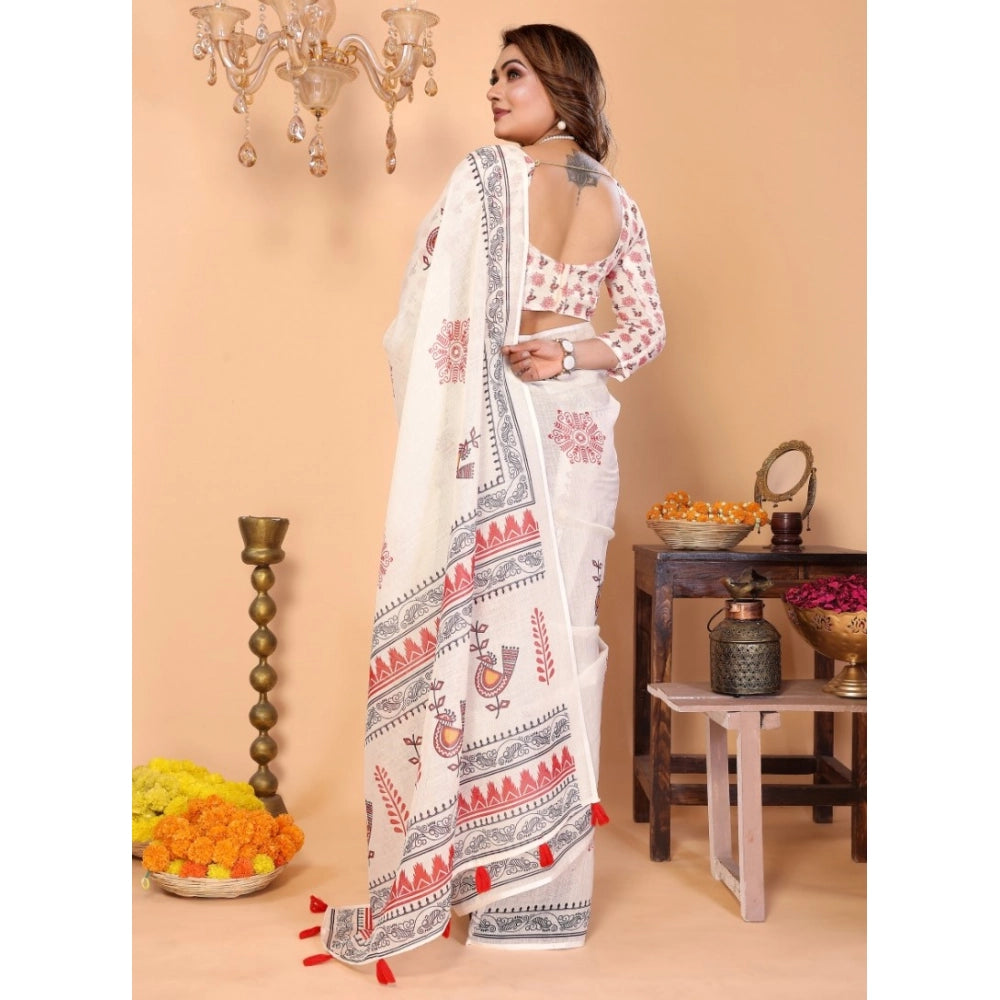Women's Off White Linen Cotton Printed Saree With Unstitched Blouse – 5.5 Mtr